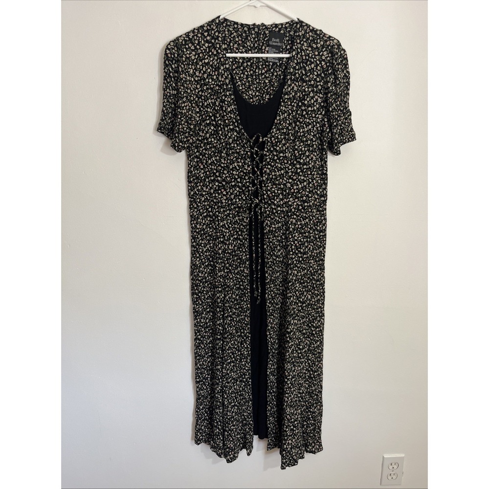 Vintage Brett Alixander Dress 11/12 Corset Tie Front Black Floral Red‎ Green